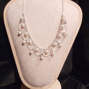 Pearl and Crystal Silver-Tone Statement Necklace - White Pearls